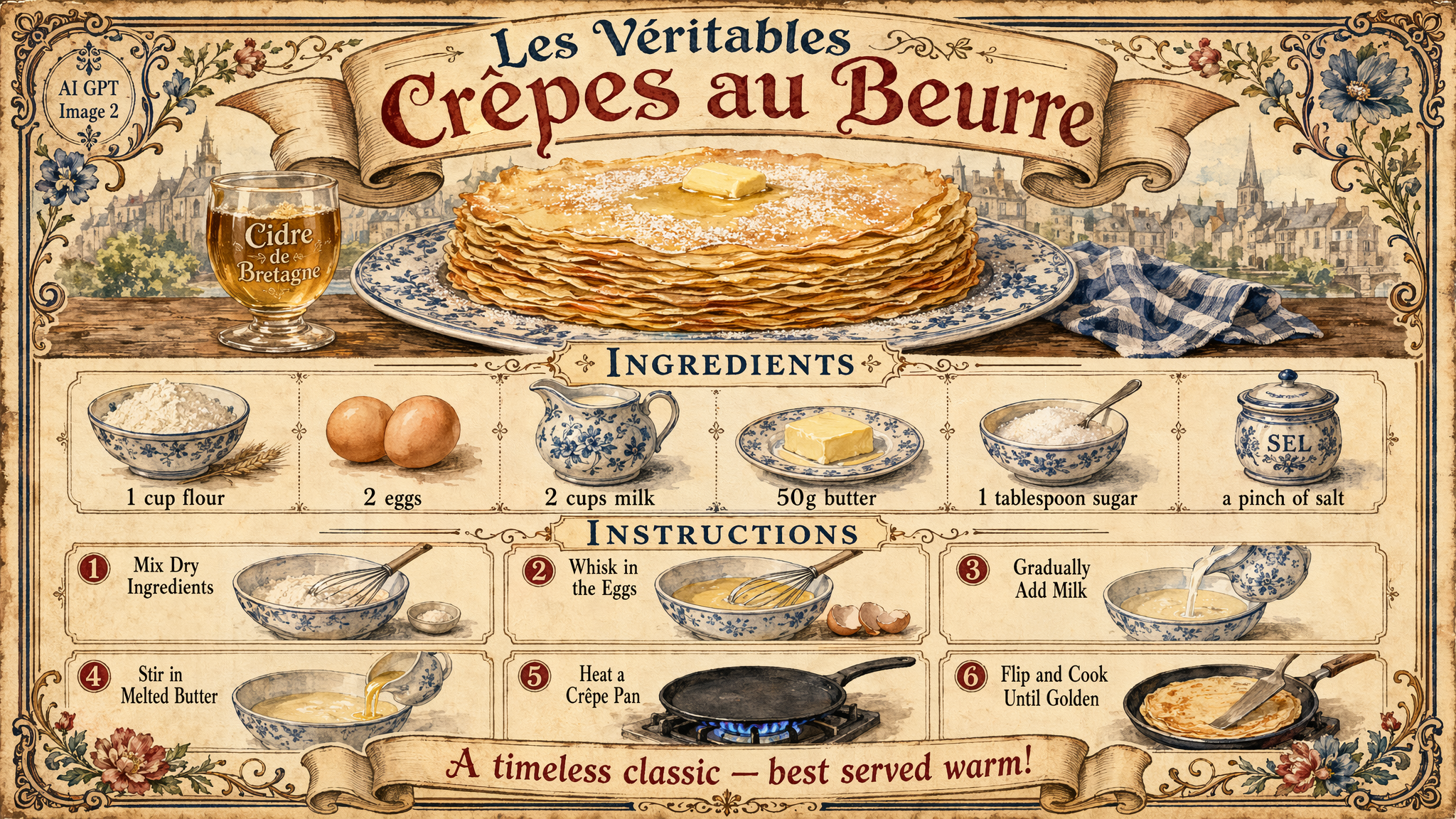 {
"type": "Vintage French Recipe Poster",
"subject": "Classic Butter Crêpes