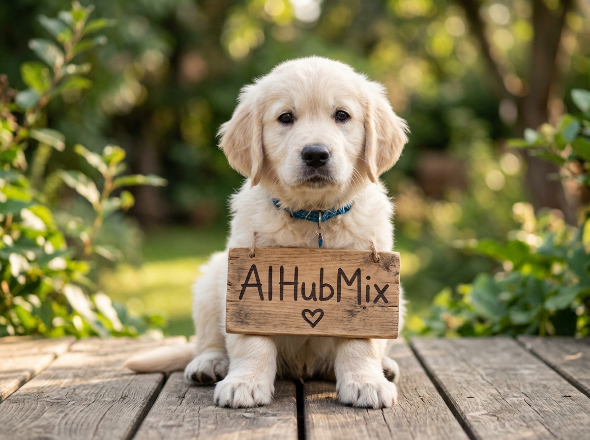 A high-resolution, realistic photo of an adorable puppy holding a small sign tha