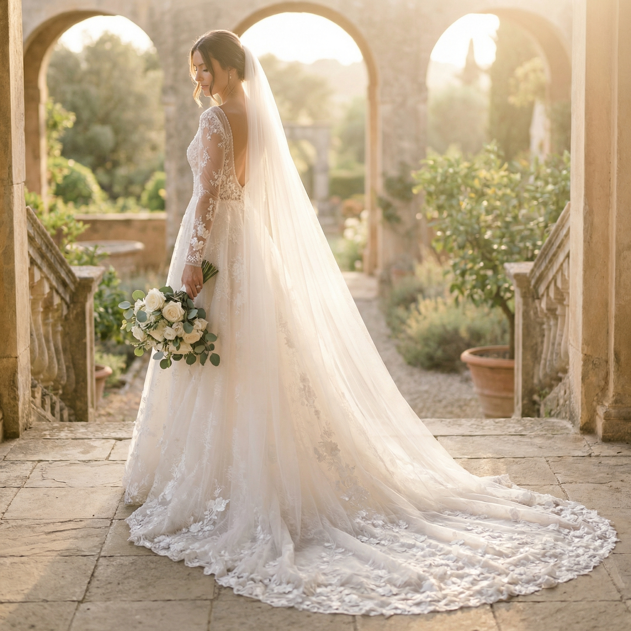 Design an elegant wedding dress with intricate lace details, flowing train, roma